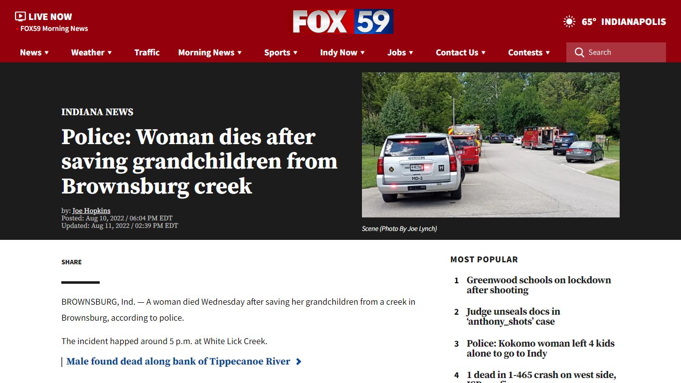 Police: Woman dies after saving grandchildren from Brownsburg creek